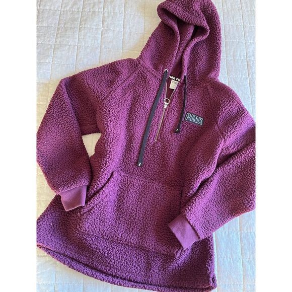 PINK Victorias Secret Sherpa Hoodie Half Zip Plum - Picture 3 of 5